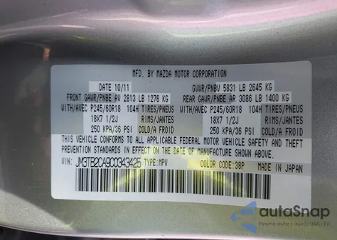 2012 Mazda Cx-9 Touring z USA, uszkodzony, nr VIN JM3TB2CA9C0343425